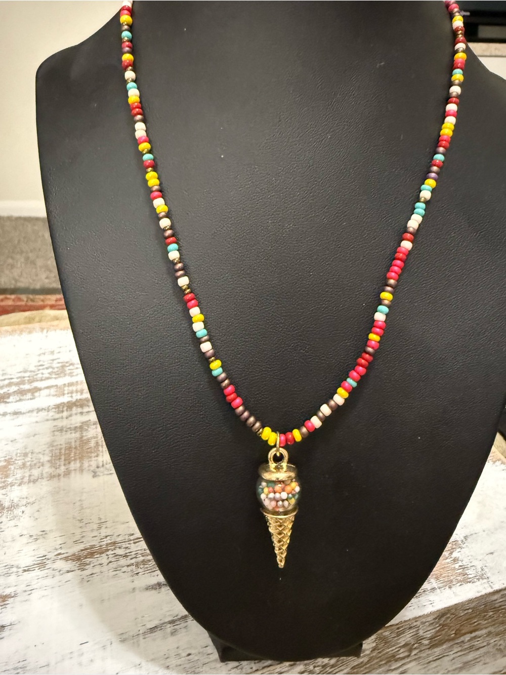Colorful Beaded Necklace with Gold Ice Cream Pendant